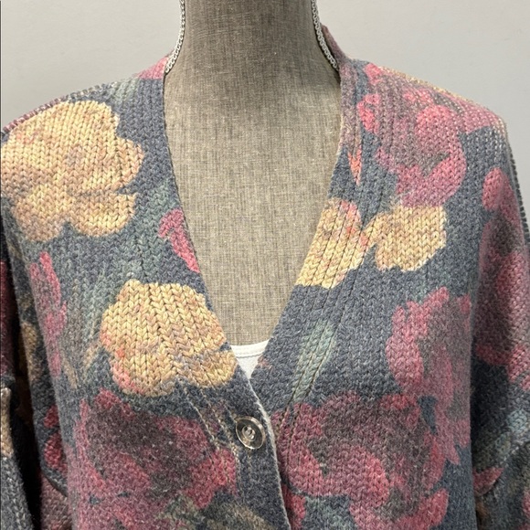 Zara Floral Knit Cardigan L Grey Pink Oversized Button Front - Picture 8 of 14